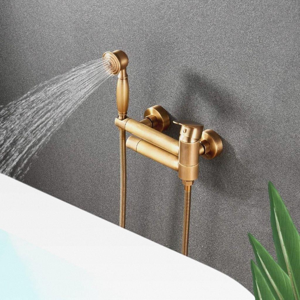 Retro Badewannenarmatur mit Handbrause Messing Antik, Wandmontage Mischbatterie Badewanne Wasserhahn Dusche Set, 90° Drehbar Auslauf 15cm