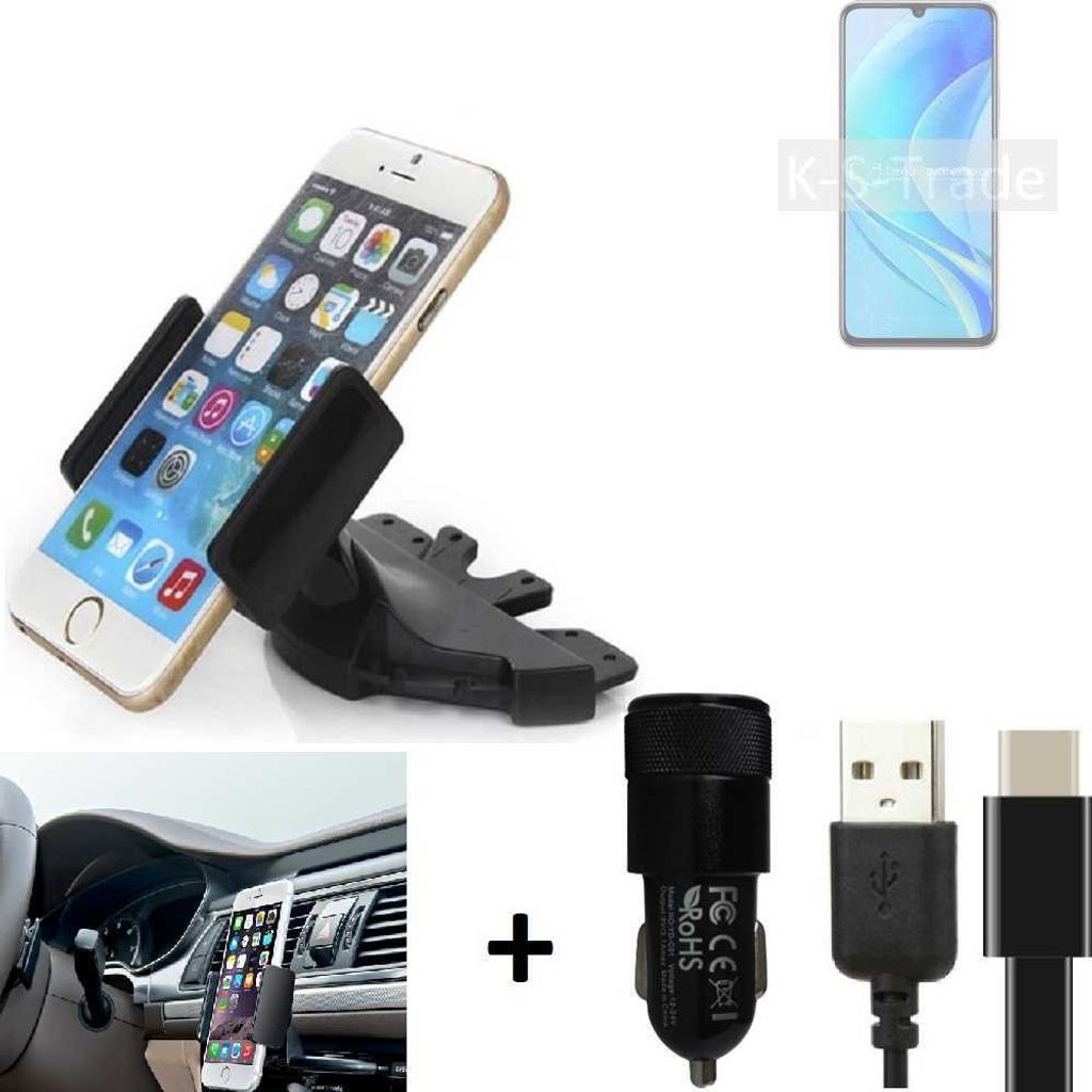 K-S-Trade CD Schlitz Handy-Halterung kompatibel mit Huawei nova Y70 Autohalterung KFZ-Halter Radio Handy Halterung 360° drehbar CD-Schacht inkl.