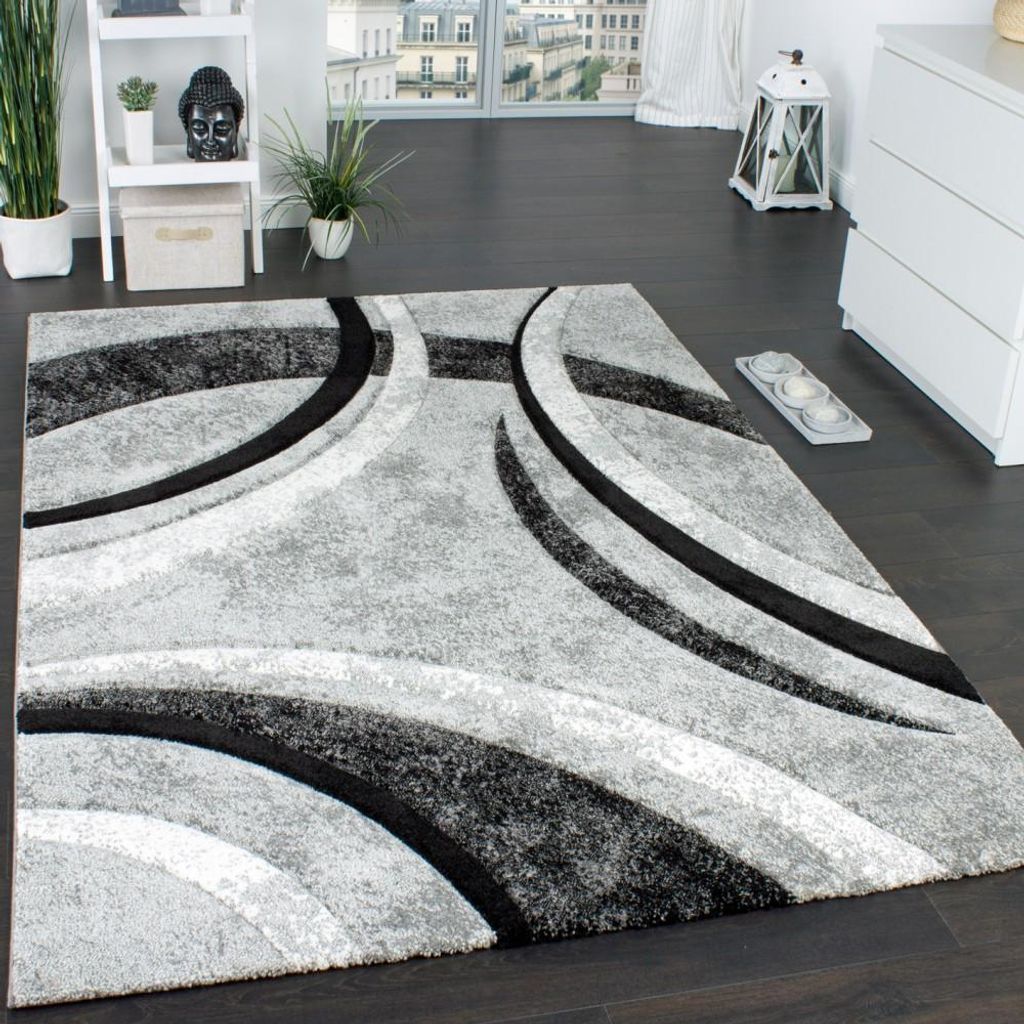 Designer Teppich mit Konturenschnitt Muster Gestreift Grau Produktbild 
