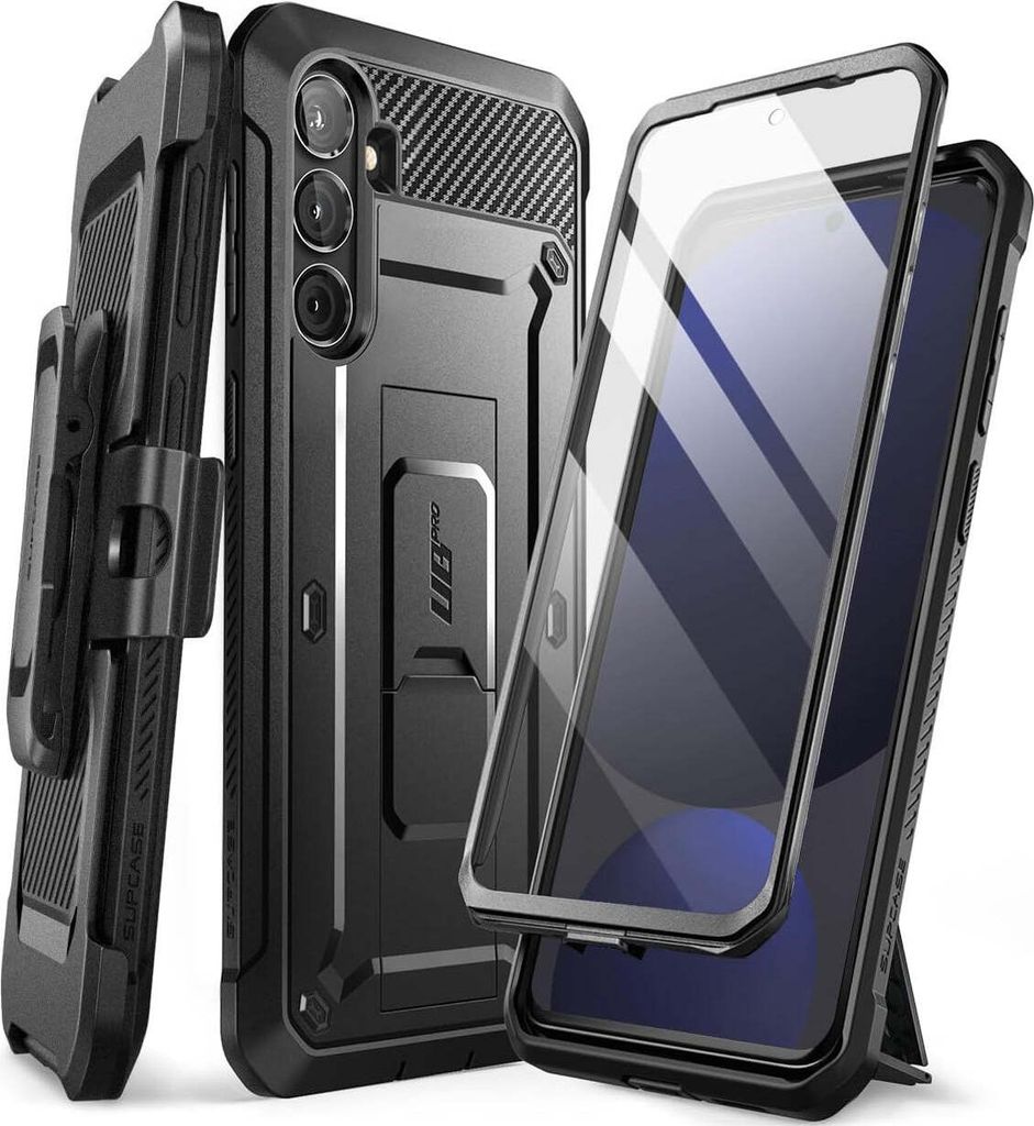 A black phone case with a holster and screen protector.
