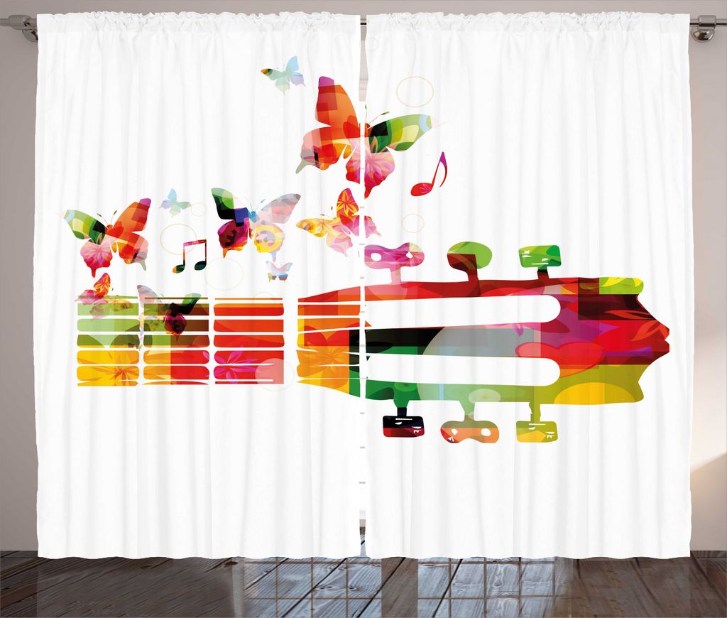 ABAKUHAUS Bunt Rustikaler Vorhang, Fretboard und Schmetterlinge, Wohnzimmer Universalband Gardinen mit Schlaufen und Haken, 280 x 225 cm, Weiß und...