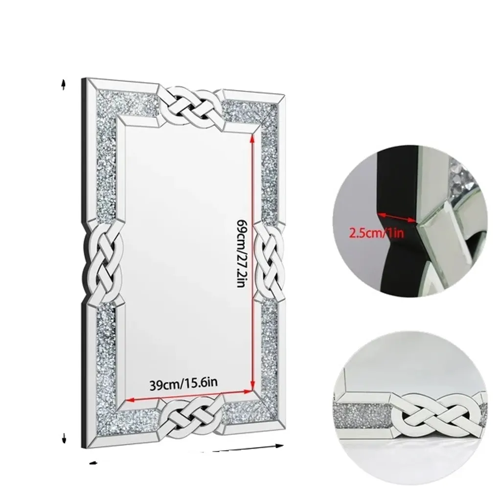 Miroir mural rectangulaire argent 90x60cm avec cadre en cristal brillant