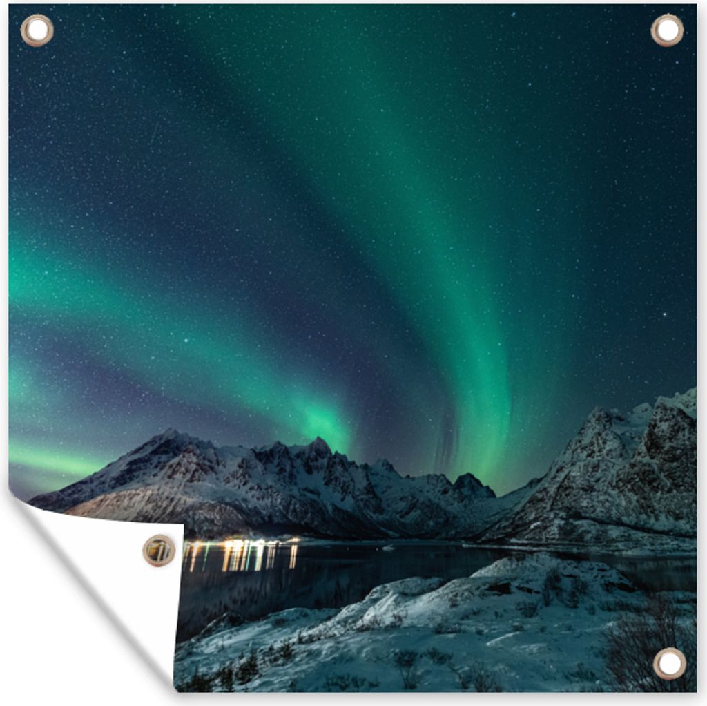 MuchoWow 50x50 cm Outdoor-Poster Gartendeko Sichtschutz Garten Poster für den Garten Nordlicht - Berg - Schnee - Grün - Sternenhimmel - Winter