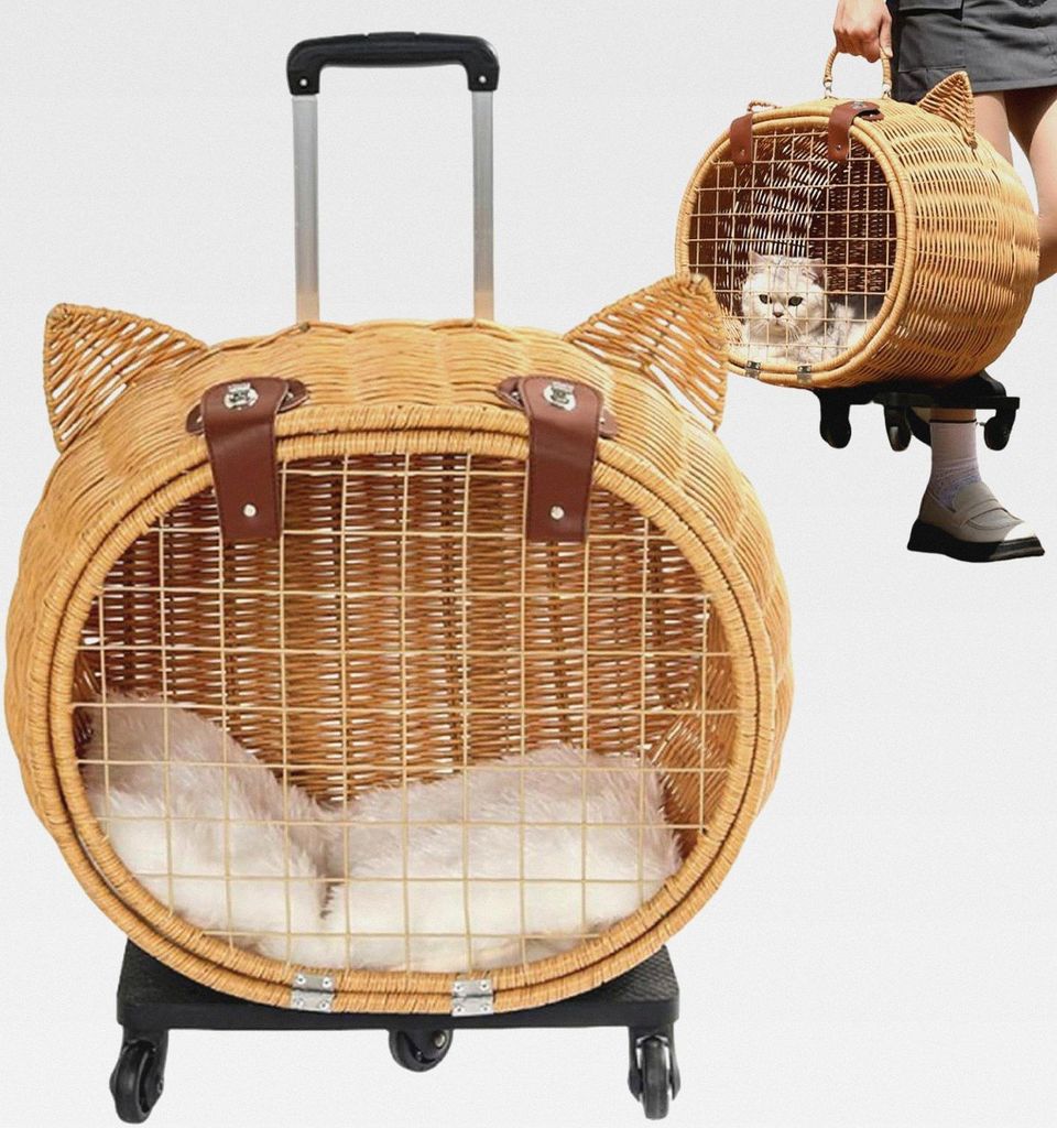 Kinderwagen für Hunde – Kinderwagen aus Rattan mit Rädern und Katzentransporter, atmungsaktiver Korb mit Teleskopgriff für Transport von Kätz...
