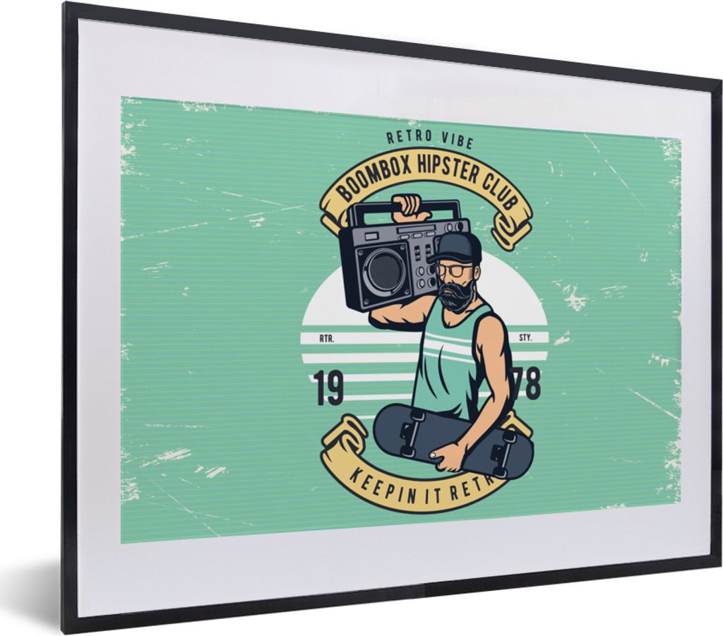 MuchoWow MuchoWow Gerahmtes Poster Mancave - Skateboard - Radio - Altmodisch 40x30 cm - Poster mit zchwarzem Bilderrahmen - Bilderrahmen - Post...