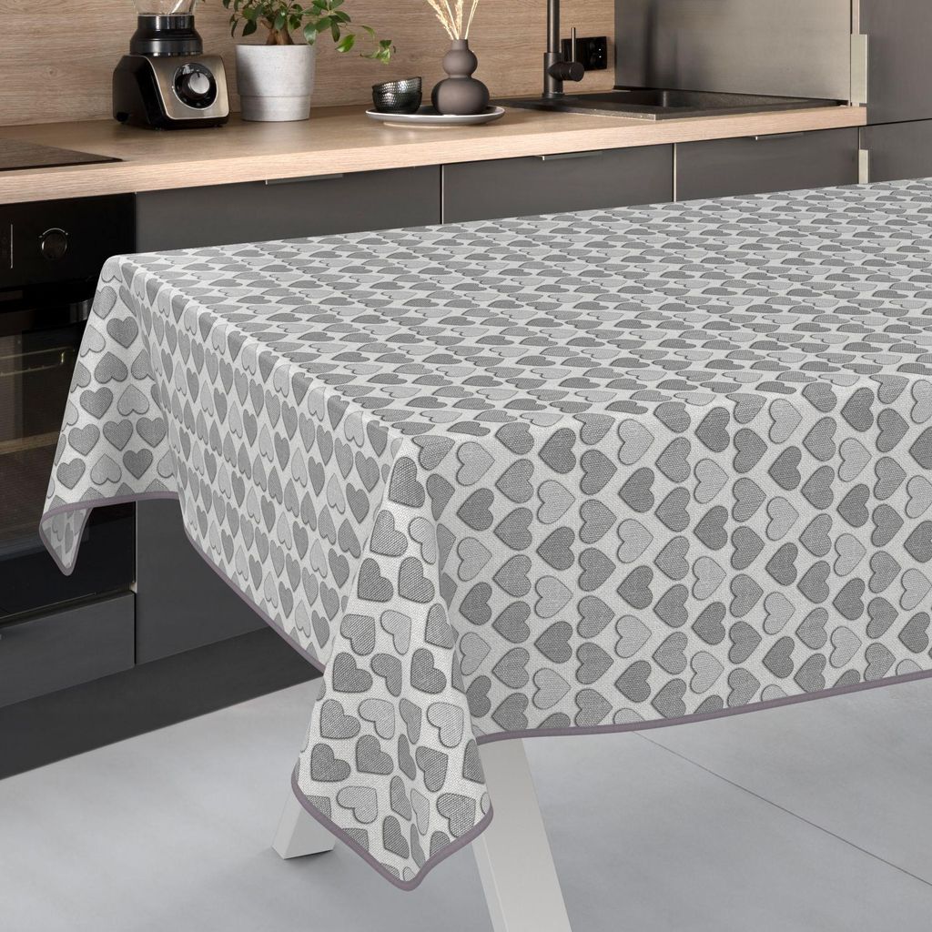 Tischdecke Shabby Chic Herz Grau 260x140cm mit Band-Kante Wachstuch abwaschbar