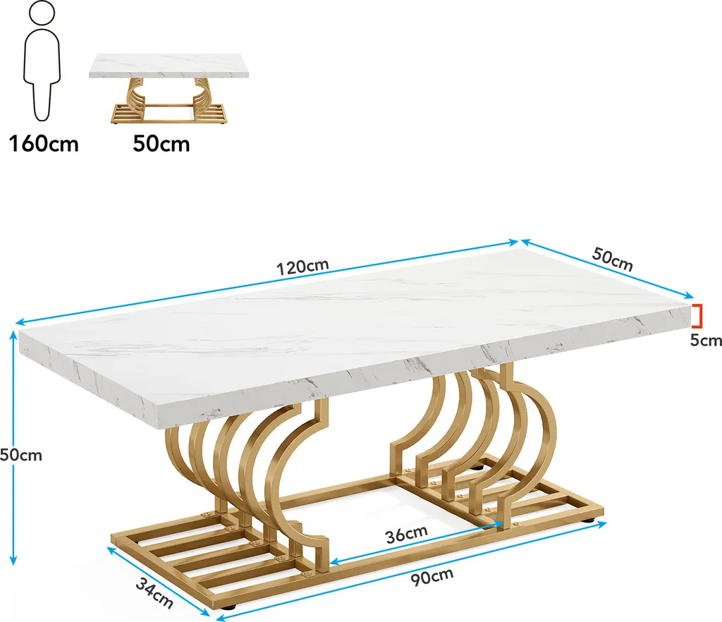 Table Basse Robuste Style Marbre Blanc Facile à Nettoyer Pieds Dorés