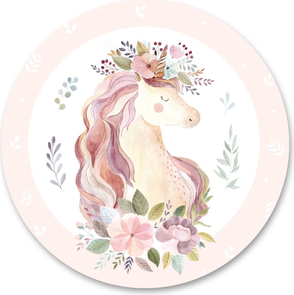 Sticker KREIS EINHORN Blumen Blätter Pflanzen Aquarell Fabel für Mädchen Wanddeko Wandtattoo Aufkleber 100 cm x 100 cm