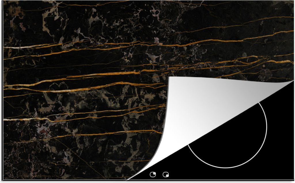 KitchenYeah Herdabdeckplatte Marmor - Schwarz - Gold - Ader , 83x51cm, Küche Deko, Glaskeramikkochfeld Herdabdeckung, Abdeckplatte fùr Kochfeld