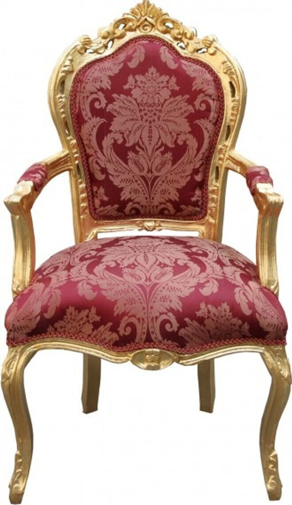 A single ornate armchair with a gold frame and red patterned upholstery.