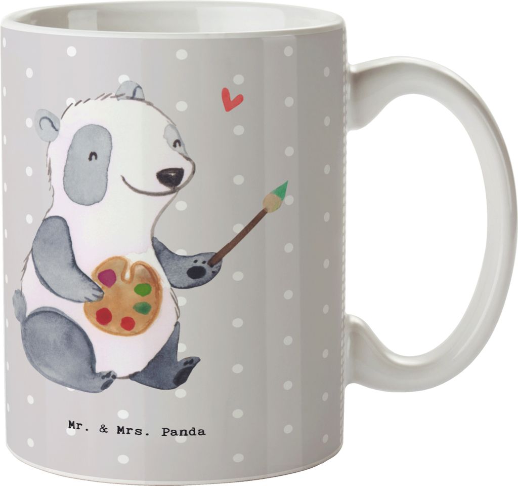 Mr. & Mrs. Panda Tasse Restaurator Herz - Grau Pastell - Geschenk, Becher, Kaffeepott, haferl, Kaffeebecher, Teetasse