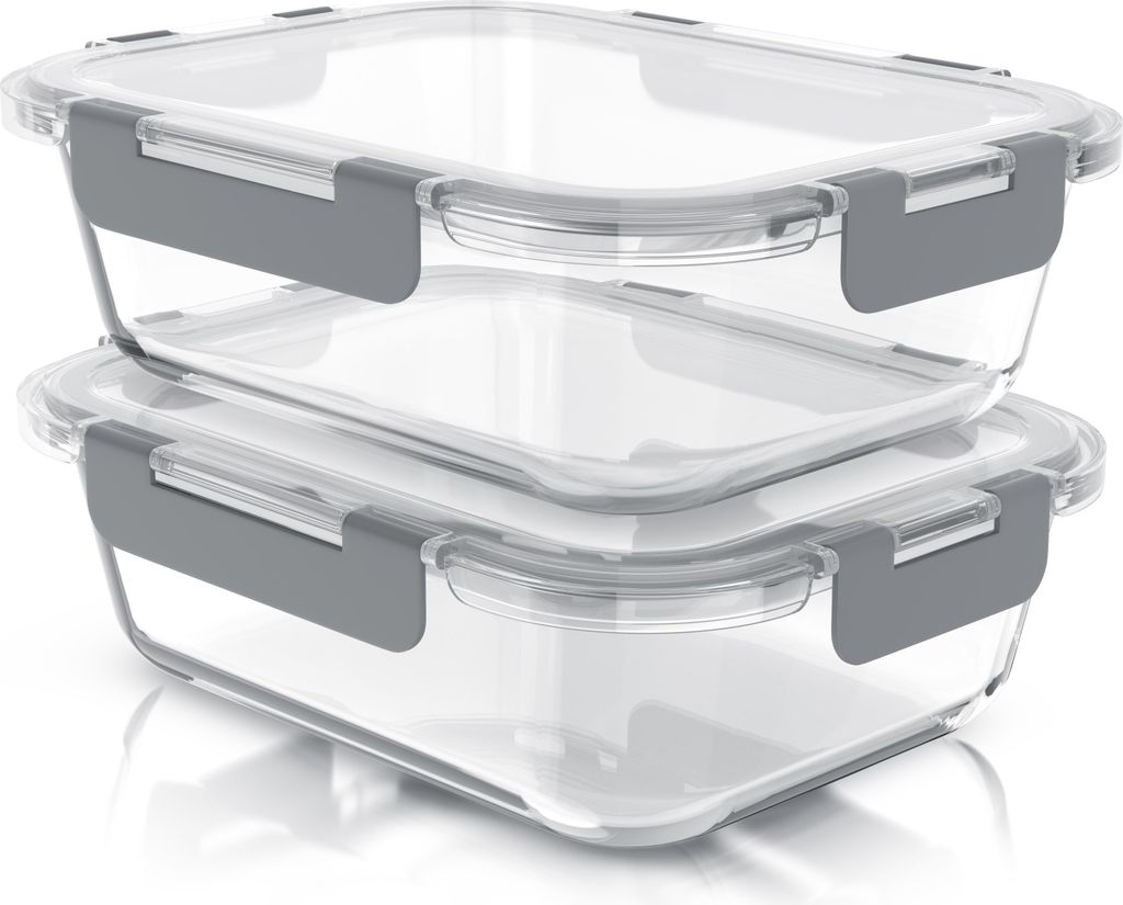 Arendo Frischhaltedosen, Lunchbox, Vorratsdosen 2er Set, rechtseckig 1520 ml, stapelbar, Glas, Meal Prep, Ofen-, Gefrier- & spülmaschinengeeignet,...