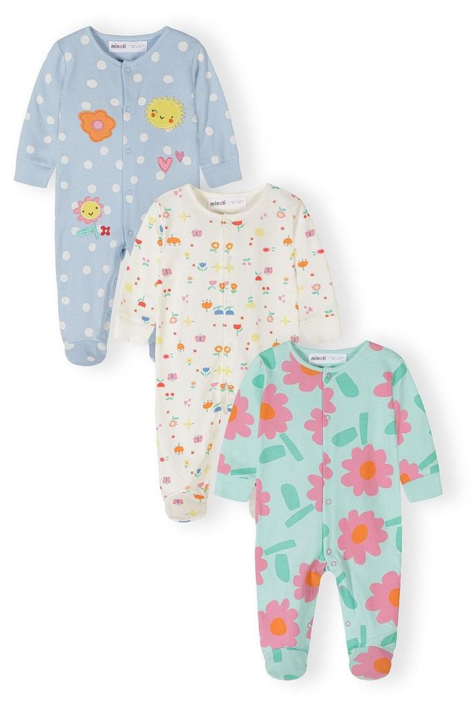 Minoti Baby Mädchen Strampler 3er-Pack 100% Baumwolle Mint mit Blumen und Punkten - Langarm Schlafanzug für Neugeborene und Kleinkinder