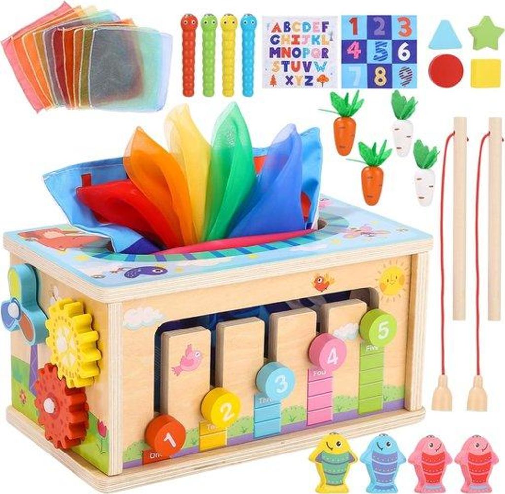 Holzspielzeug für 1-3 Jahre, 6-in-1 Tuchbox mit Faltduch, Holzspielzeug für motorische Entwicklung, Holzspielzeug für Kinder ab 1 Jahr