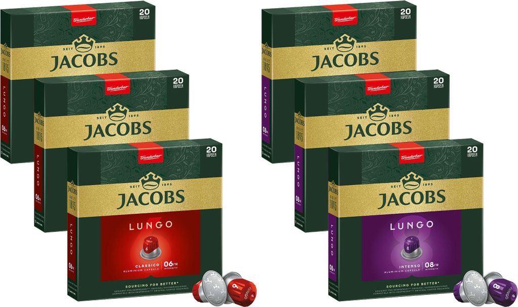 A product shot of multiple boxes of Jacobs coffee capsules.