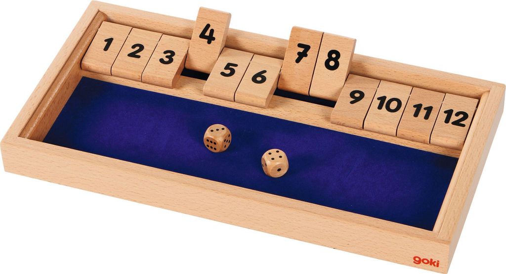 goki 56651 Shut the box Würfelspiel, 32,2 x 17,3 x 3,2 cm, Holz, 2 Würfel, natur