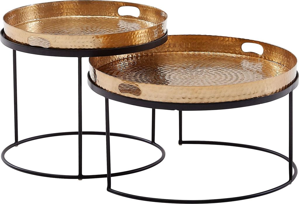 WOHNLING Couchtisch 2er Set Gold / Schwarz Metall Hammerschlag Satztisch Rund Sofatisch abnehmbares Tablett Tabletttisch Sofa 2 teilig Modern