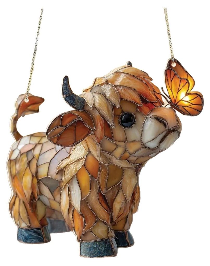 Hochlandrind-Schmetterlings-Sonnenfänger im Buntglas-Stil, Fensterhänger aus Acryl, Bauernhoftier-Sonnenfänger für Zuhause, Wintergarten, Garte...