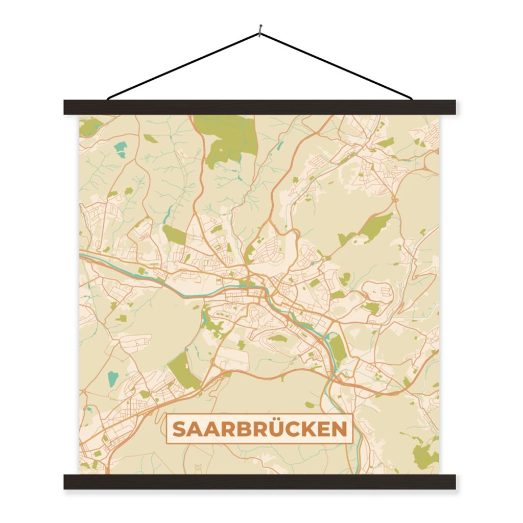 MuchoWow Textilposter Saarbrücken - Karte - Vintage - Stadtplan 90x90 cm mit schwarzem Rahmen - Magnetisches