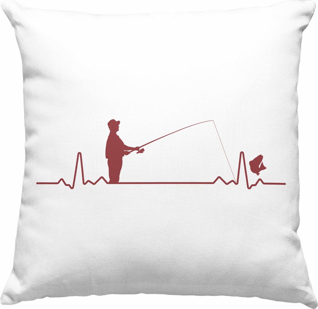 Trendation - Angler Deko-Kissen mit Füllung 40x40 Geschenk Männer Grafik Herzschlag Lustig für Fischer Geschenkidee Angeln Fischen (Rosa)