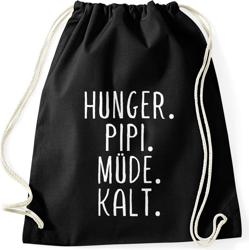 Turnbeutel mit Spruch Hunger, Pipi, Müde, Kalt. lustiger Turnbeutel Saufen Bier Party Moonworks schwarz unisize