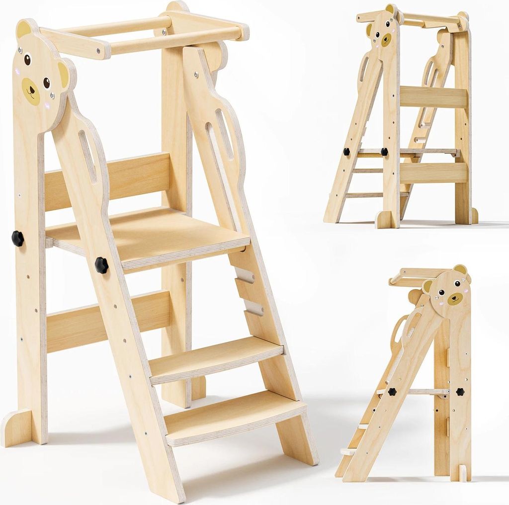 Montessori Bären-Lernturm - Kinder Tritthocker - 3-in-1, Höhenverstellbar, Klappbar, Freistehend, Holz, 1–6 Jahre - Dunkellila