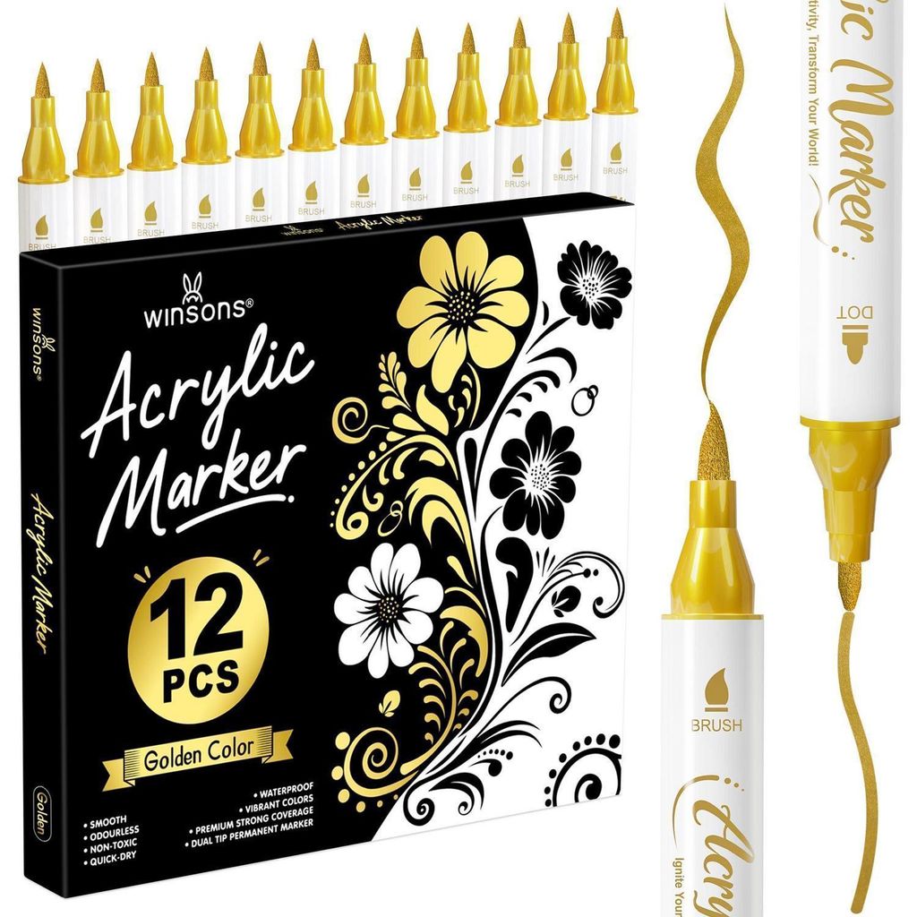 Acrylmarkeerders, goud, 12 stuks. Permanent, niet giftig, Productafbeelding 