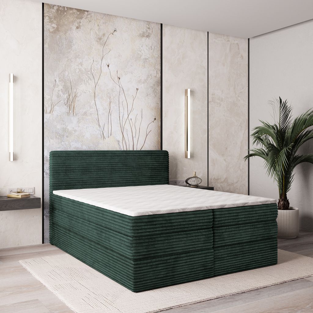 Masseno Boxspringbett LUNERA 140x200 cm Komplett-Set mit Bonell Matratze und Topper, Polsterbett mit Bettkästen -Grün, TILIA 39