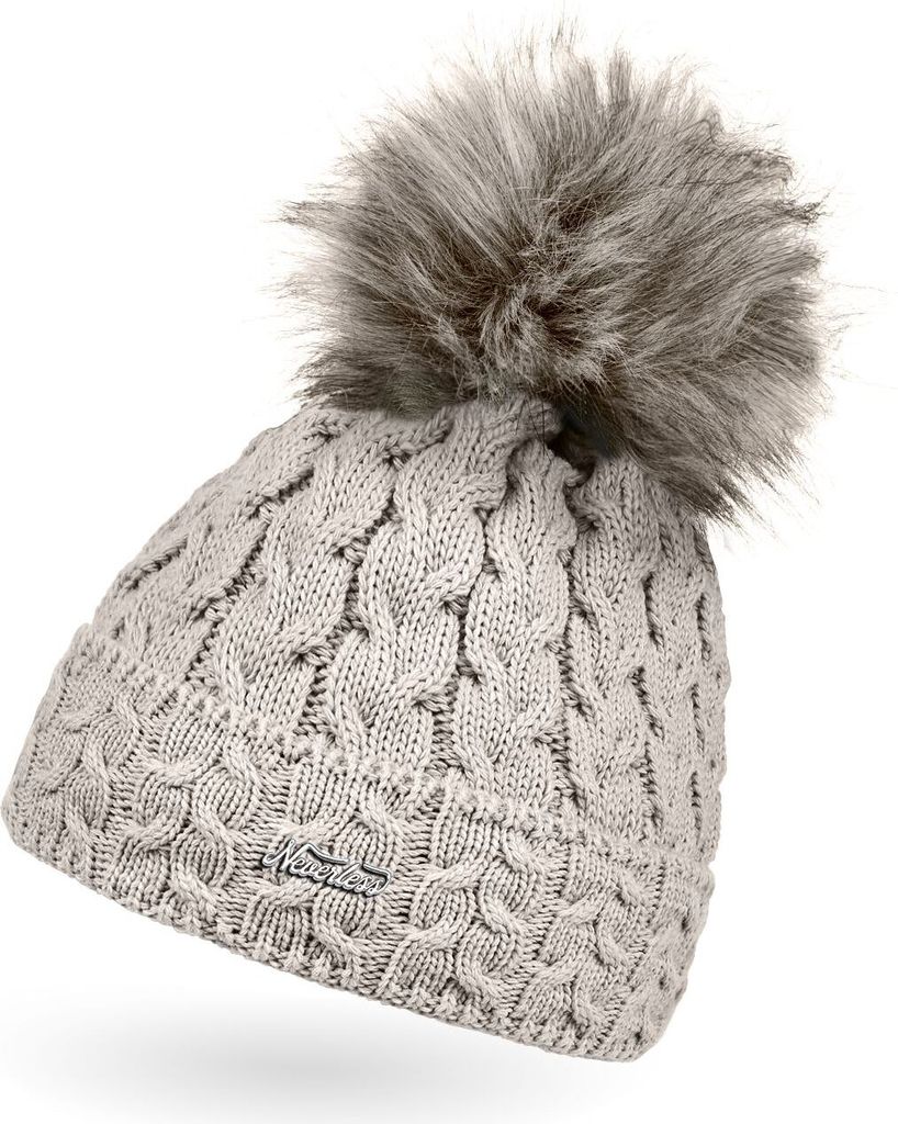 Damen Strick-Mütze gefüttert Fell-Bommel Kunstfell Winter-Mütze Bommelmütze Zopfstrickmuster Fleece-Innenfutter Umschlag Neverless hellbeige