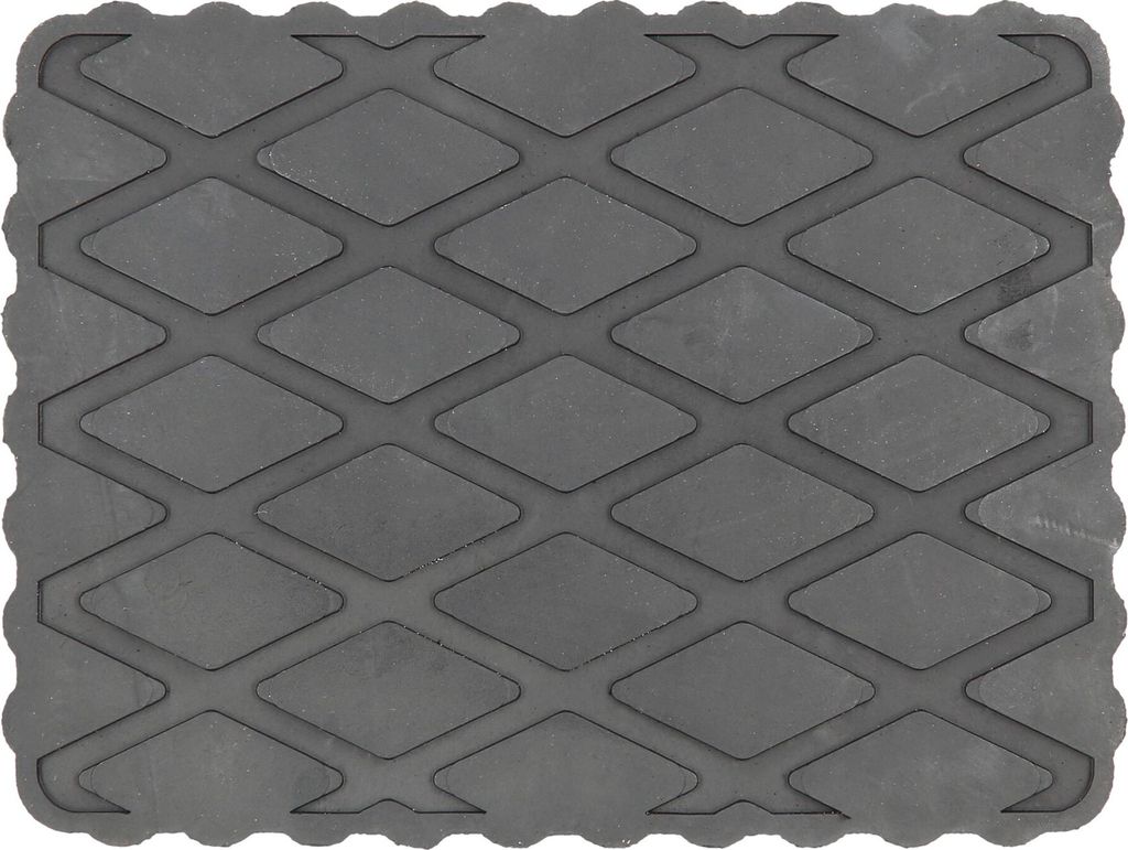 A close-up, top-down view of a dark gray rubber pad with a diamond-shaped tread pattern.