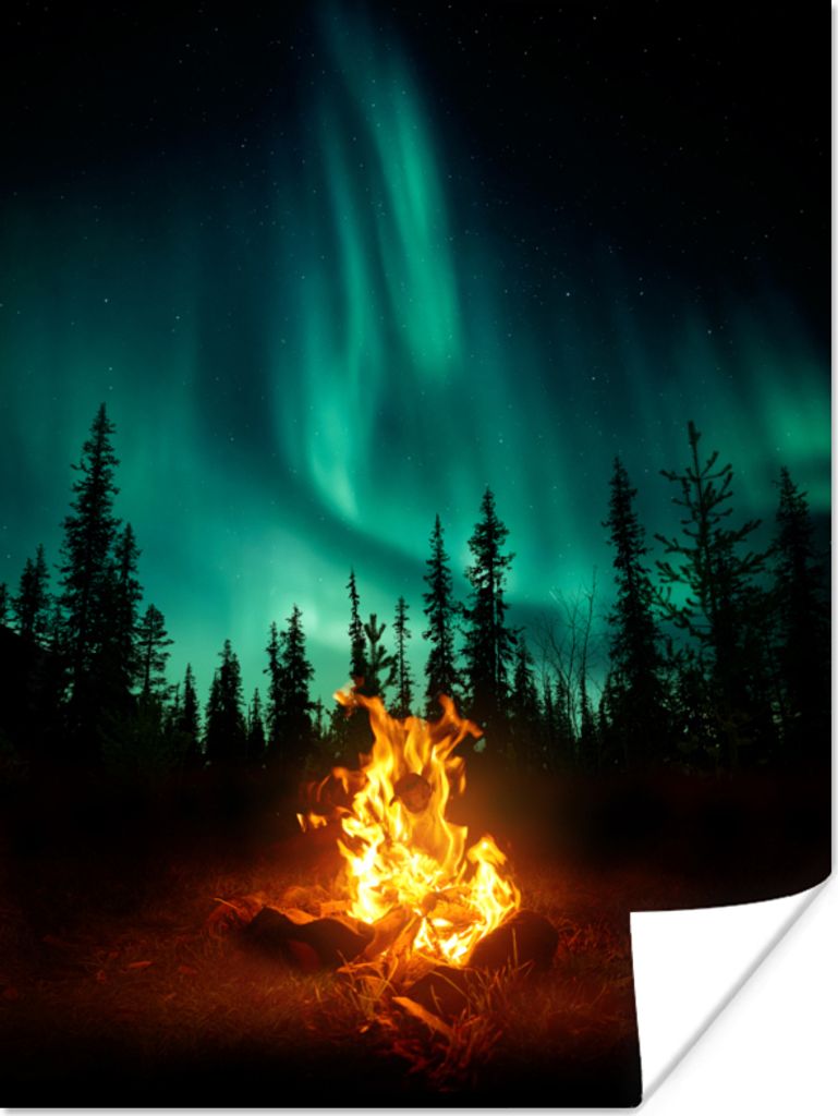 MuchoWow Poster Nordlichter - Lagerfeuer - Wald 60x80 cm - Schlafzimmer Dekoration