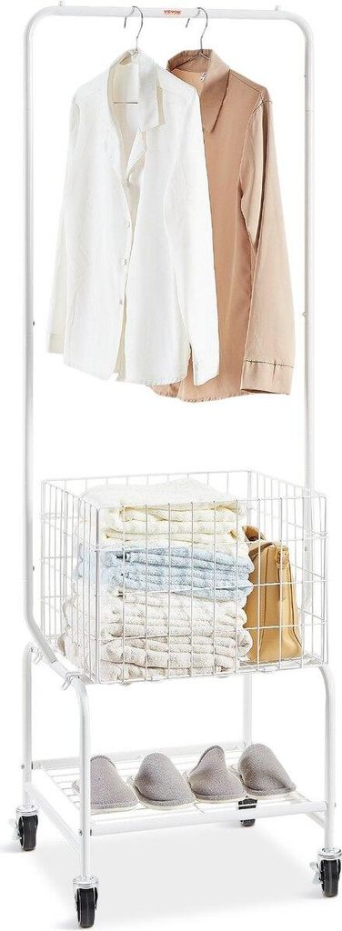 Metal Rolling Laundry Basket with Hanging Garment Rack, Height Adjustment Laundry Hamper Cart with Basket Load and Shelf Load, Storage Organizer wi...