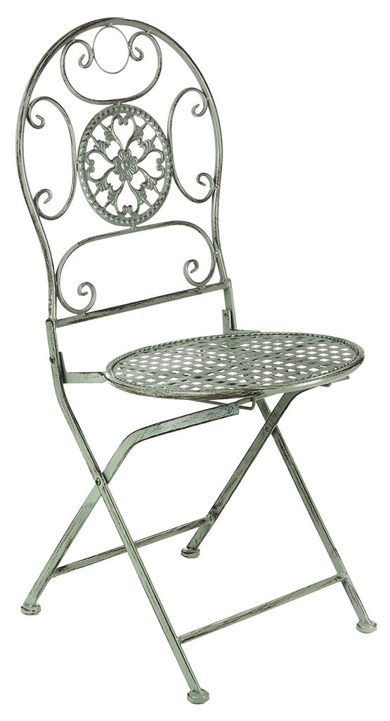A single vintage-style metal garden chair is shown against a white background.