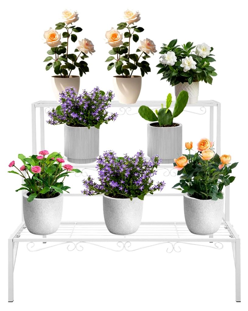 3-stufige Blumentreppe, Pflanzenregal aus Metall, freistehender Pflanzenständer für Innen- und Außenbereich, Balkon, Garten, 70x58x60 cm (Weiß)