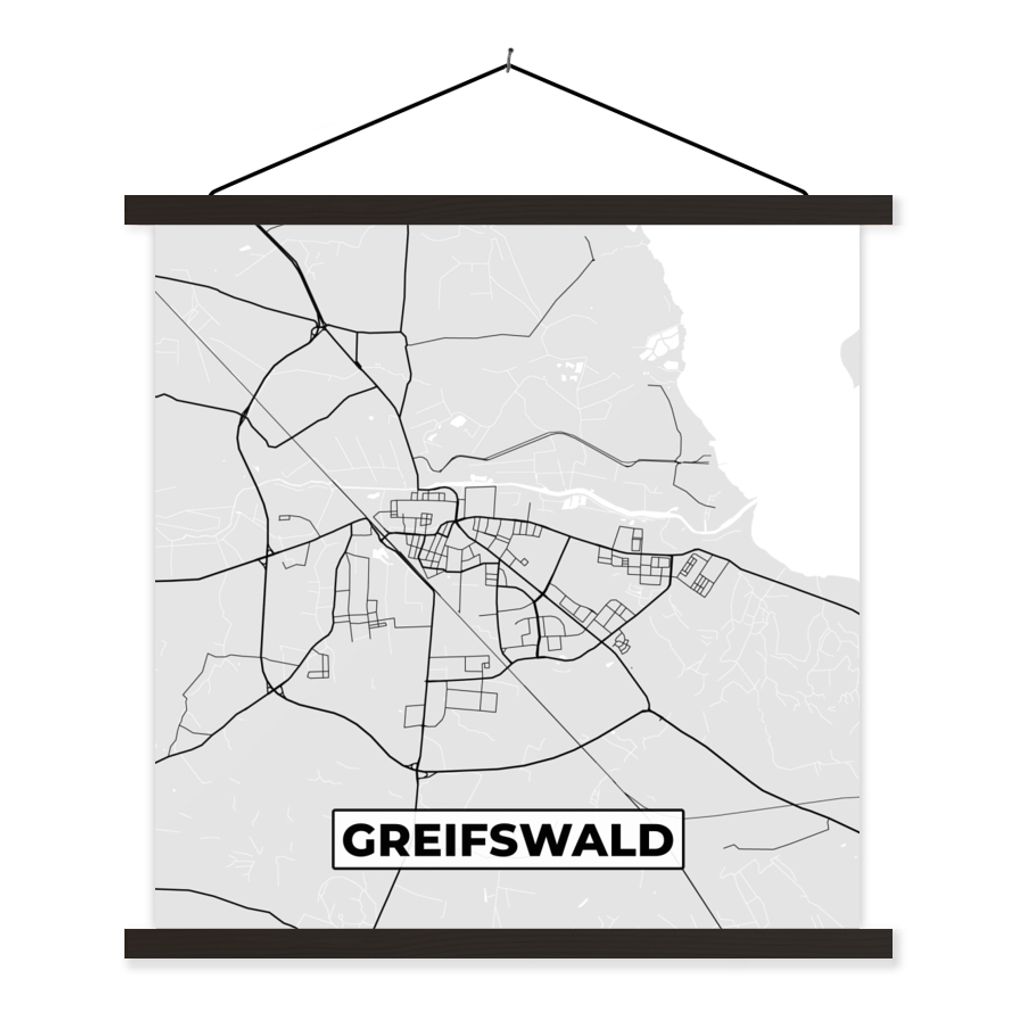 MuchoWow Textilposter Karte - Stadtplan - Greifswald - Karte - Deutschland 120x120 cm mit schwarzem Rahmen - Aufhängungsset