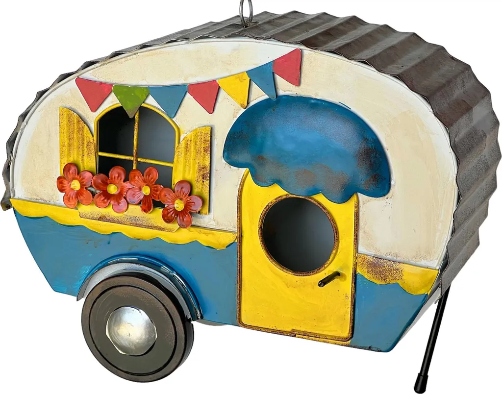 Mangeoire oiseaux métal résistant intempéries décor caravane avec chaîne - 7