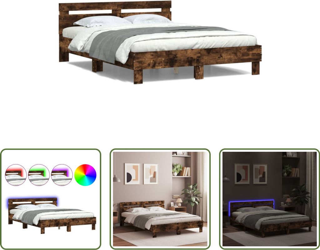 The Living Store Bettgestell mit Kopfteil LED-Beleuchtung Räuchereiche 140x190cm