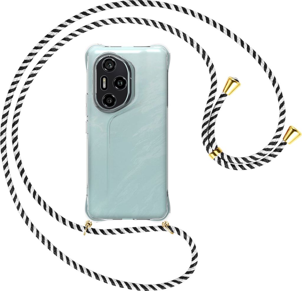 Handykette Backcover-Schutzhülle mit Band (Metall goldfarben) für Honor 300 Pro 5G - schwarz/weiß gestreift