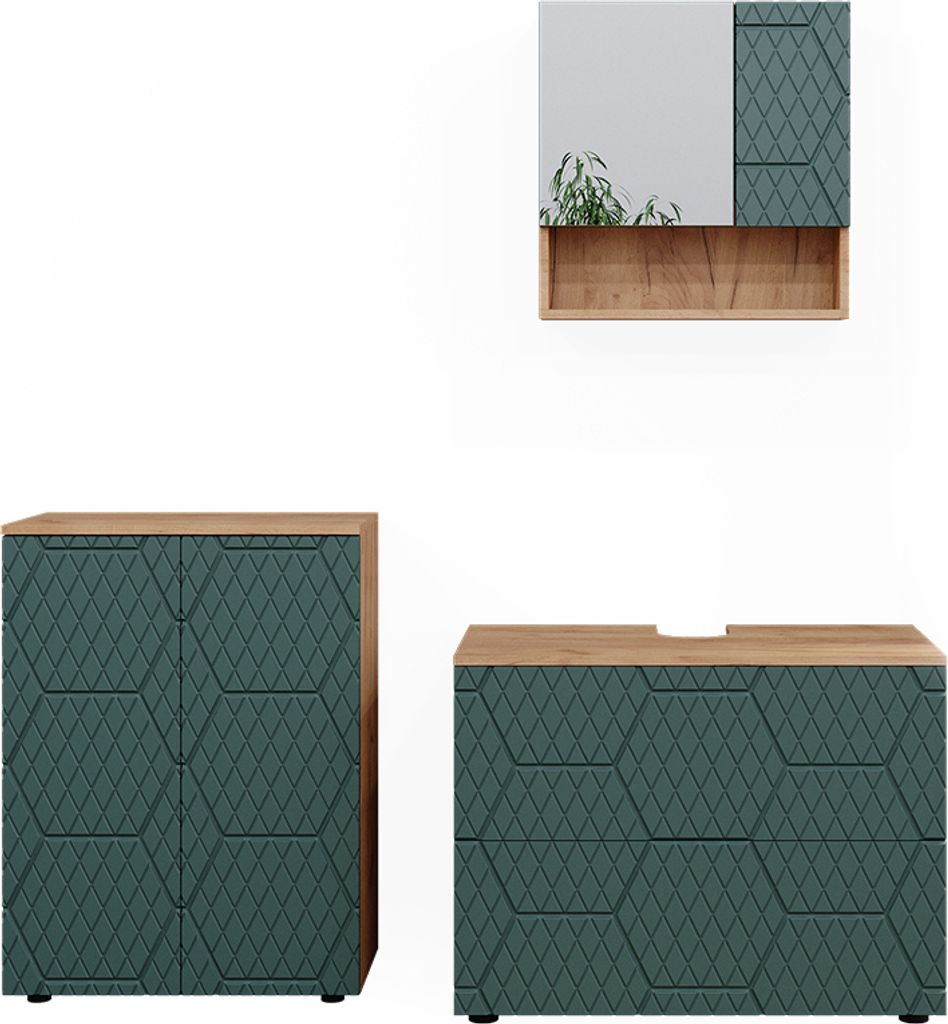 Badmöbel-Set Vicco Irma Grün/Goldkraft Eiche 3 Teile, mit Unterschrank 80 cm, Model 47194