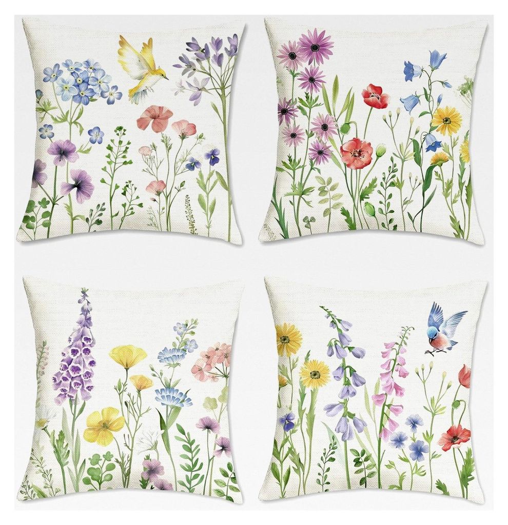 4er Set Kissenbezüge Blumen Garten 45 x 45 cm Frühling Vögel Polyester Leinen Dekorative Kissenhülle für Sofa und Garten