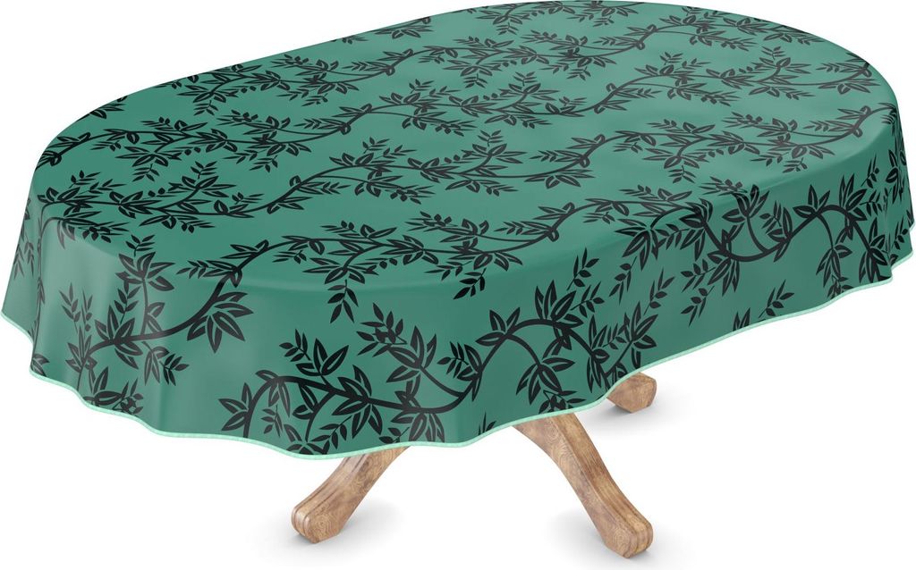 Tischdecke Wachstuch Blumen Grün Robust Wasserabweisend Oval Breite 140 cm Länge 160 cm