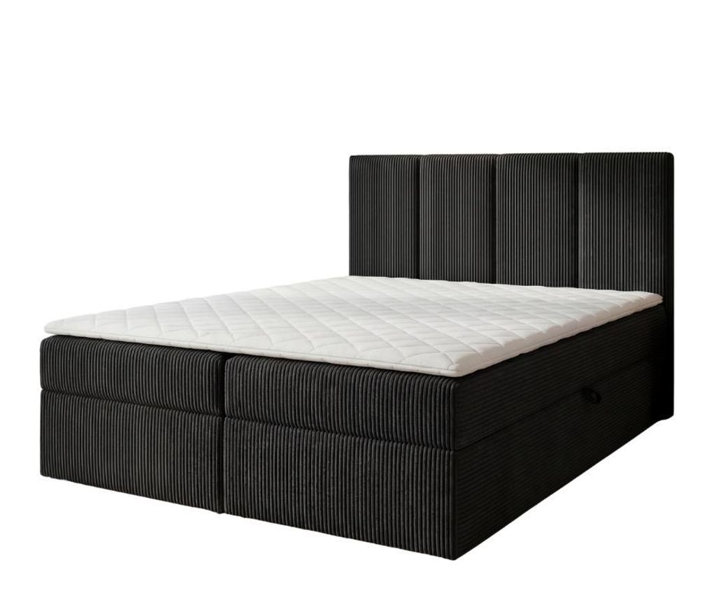 Hanzi Boxspringbett AMBER 140x200 cm Schwarz POSO mit Topper, Bonell-Federkern H2/H3, 2 Bettkästen, gepolstertes Kopfteil, Trageservice inklusive