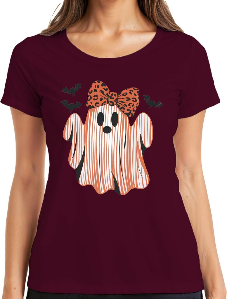 Halloween Geist Süßer Leopardenschleife Kinder Mädchen Gestreift Damen T-Shirt, Burgundy, XL
