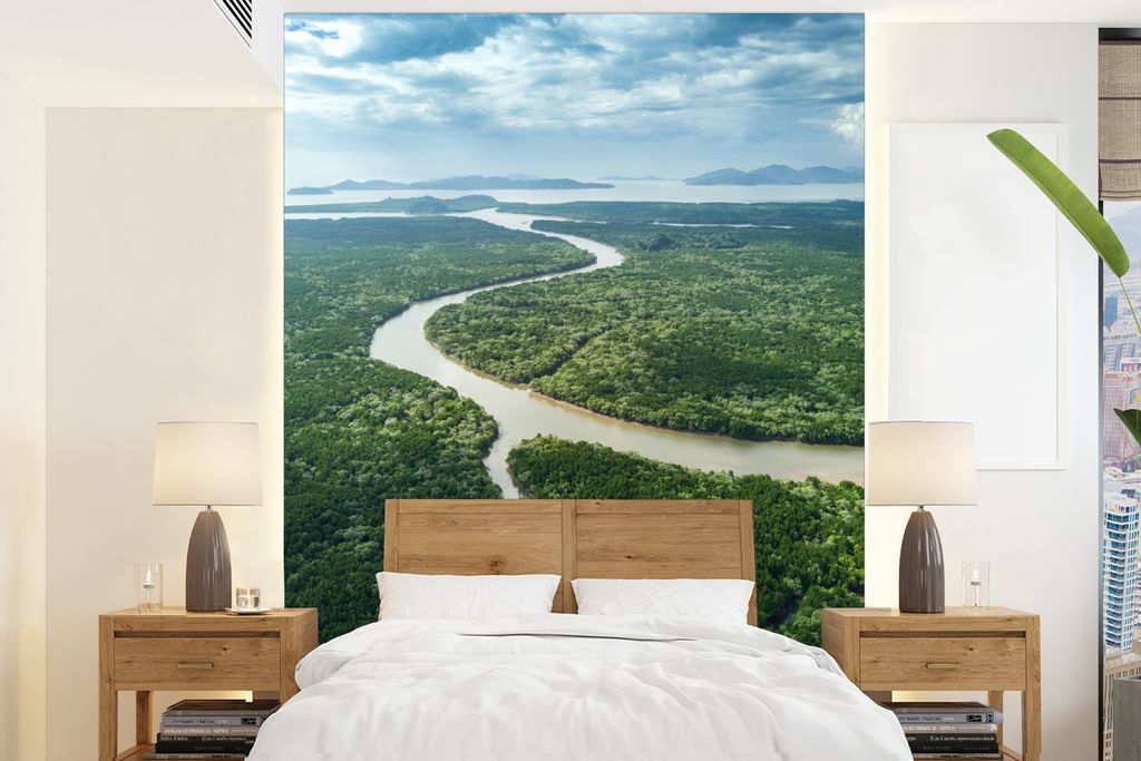 MuchoWow Fototapete für Wohnzimmer oder Schlafzimmer Wandtapete Vinyl Motivtapete Luftaufnahme eines Waldes und eines Flusses im asiatischen Tha...