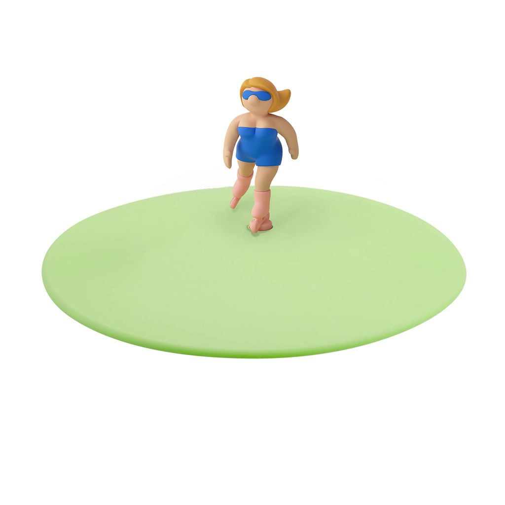 A small figurine of a woman on a green disc.