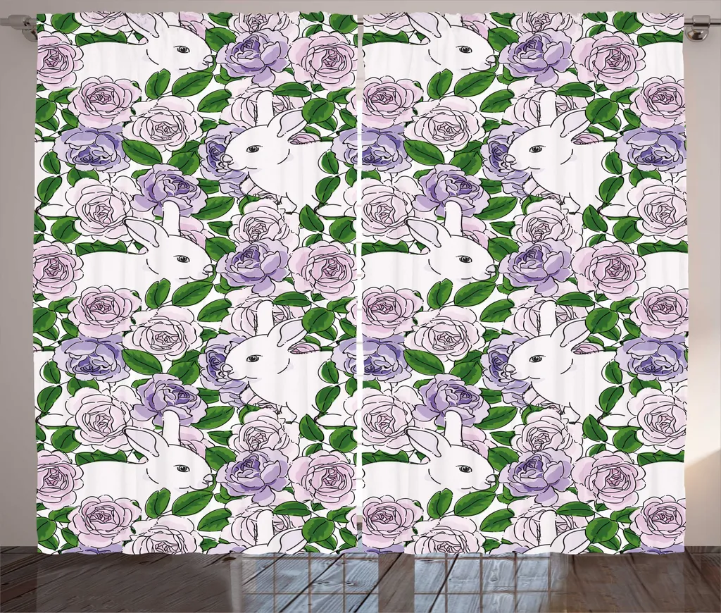 Rideau naturel rustique ABAKUHAUS Lapin et Roseraie Rose Pastel 280x225