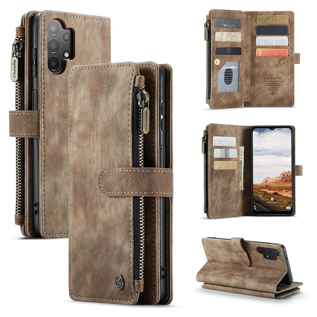 Collage of images showing a brown leather wallet-style phone case for a Samsung Galaxy A13 4G.