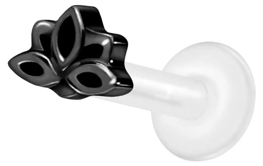 Ohrpiercing, Nasenpiercing PTFE Labret mit Innengewinde + Titan-Aufsatz LOTUSBLÜTE Schwarz Stablänge: 8mm | Stabstärke: 1,6mm