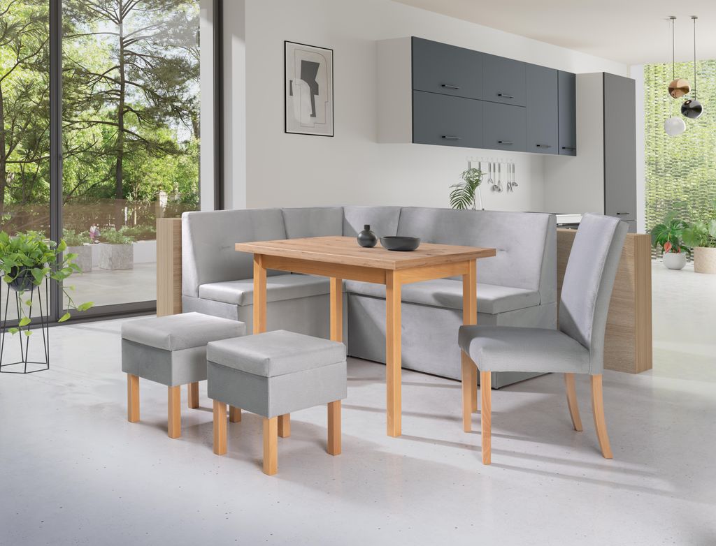 JKG Meble Esszimmermöbelgarnitur LONDON , Eckbank mit Esstisch und Esszimmerstühle , Esszimmergruppe , Küchensofa , Grau Monolith 84 130 x 170 cm
