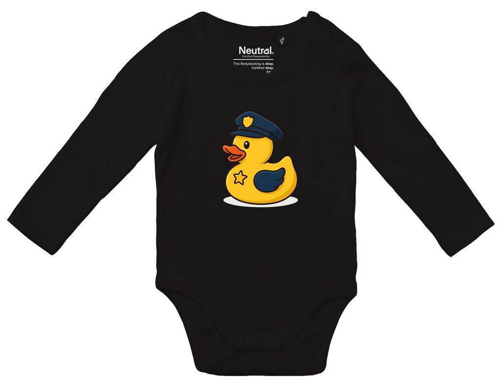 Huuraa Baby Body Quietscheente Polizei Comic Gummiente 80 Black Baumwolle Fairtrade Langarmbody Geschenkidee